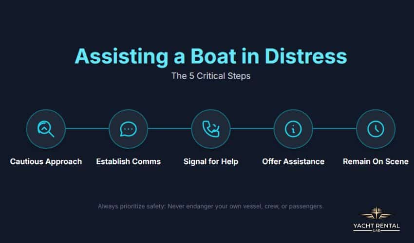 What is the Primary Responsibility for a Vessel Operator Assisting a Boat in Distress and 5 steps to do so